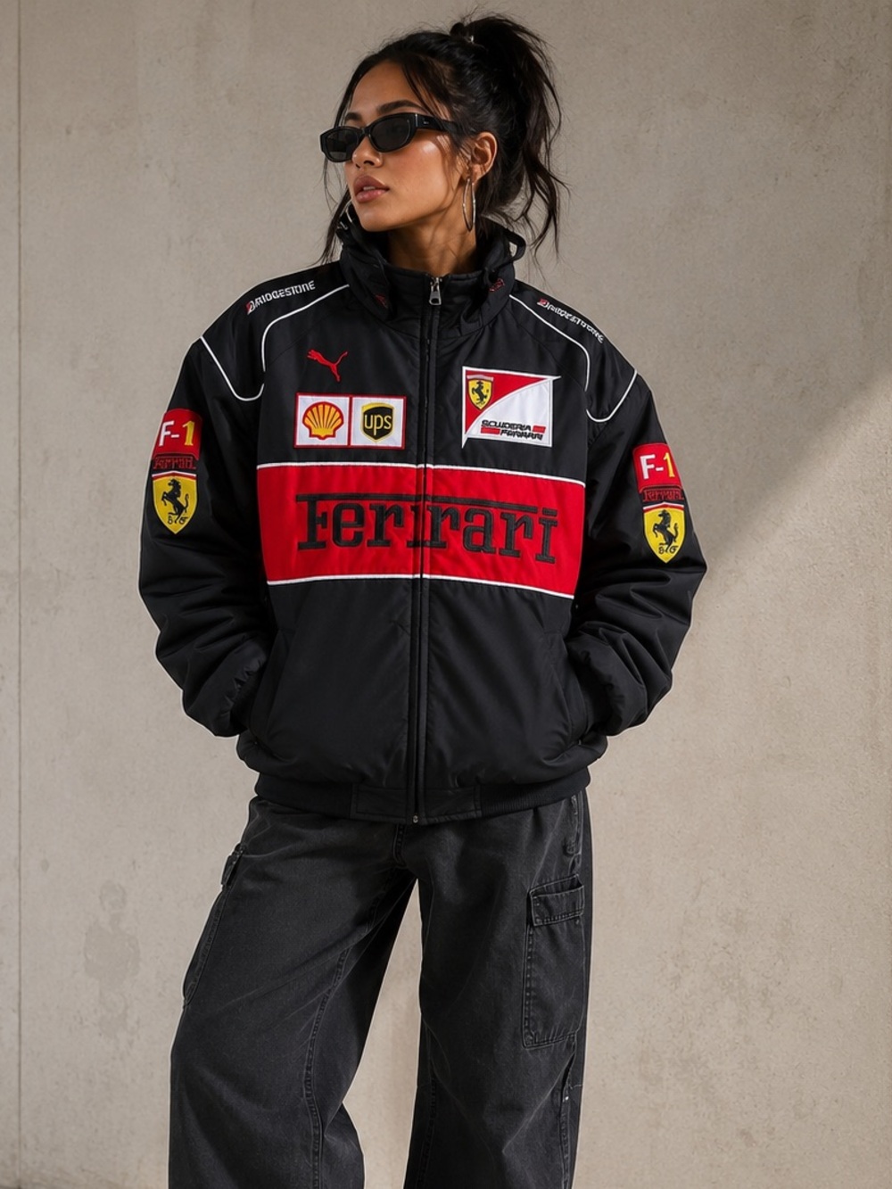 Ferrari Black Jacket with Bold Red embroidered logos y2k streetwear xs